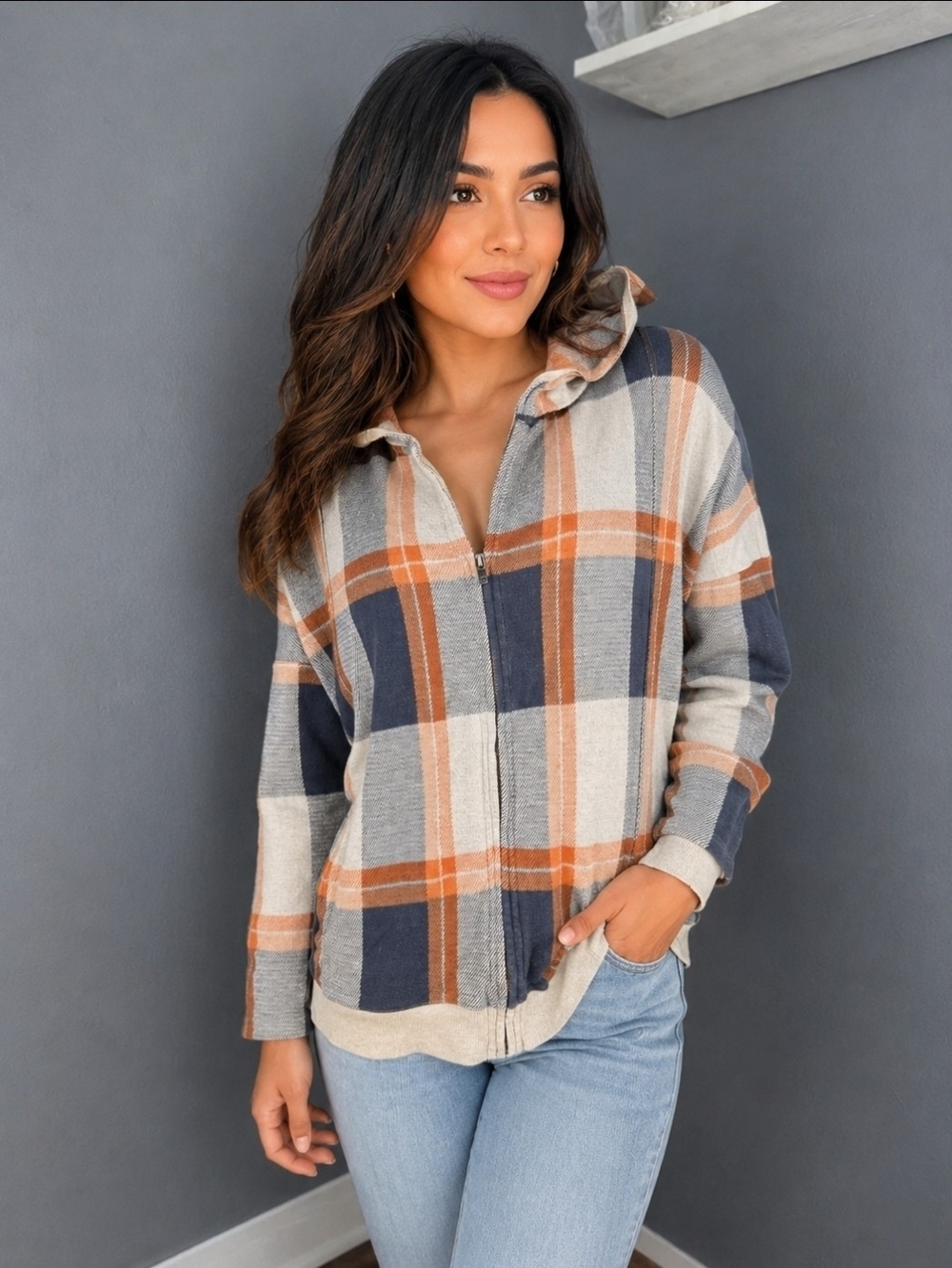 stem Plaid Zip Hoodie in Gray, Orange and Navy